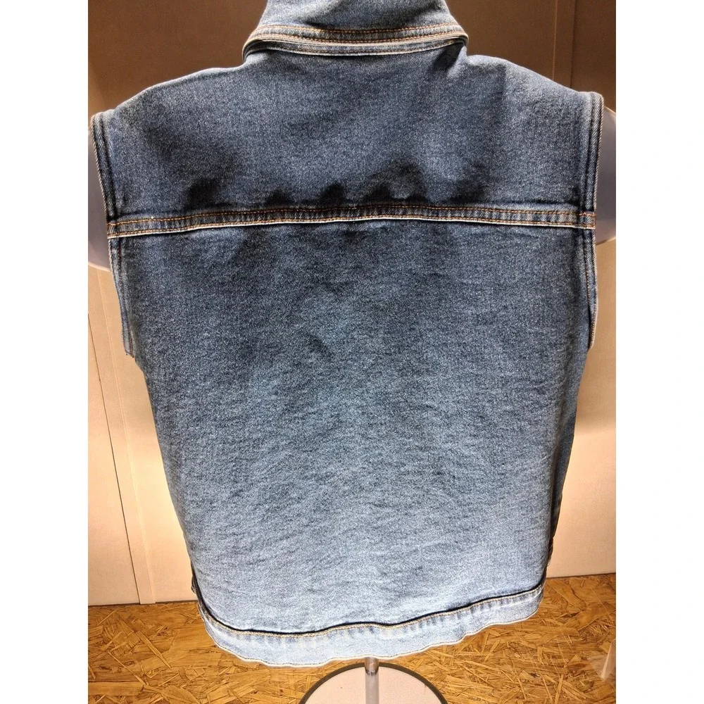 Denim & Co Womens Medium Wash Rhinestone Studded Denim Vest Blue Large L